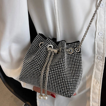 Xajzpa Bright Rhinestone Shoulder Bag Women Chains Crossbody Bag Drawstring Bucket Handbag Luxury Lady Armpit Handbag Daily Totes
